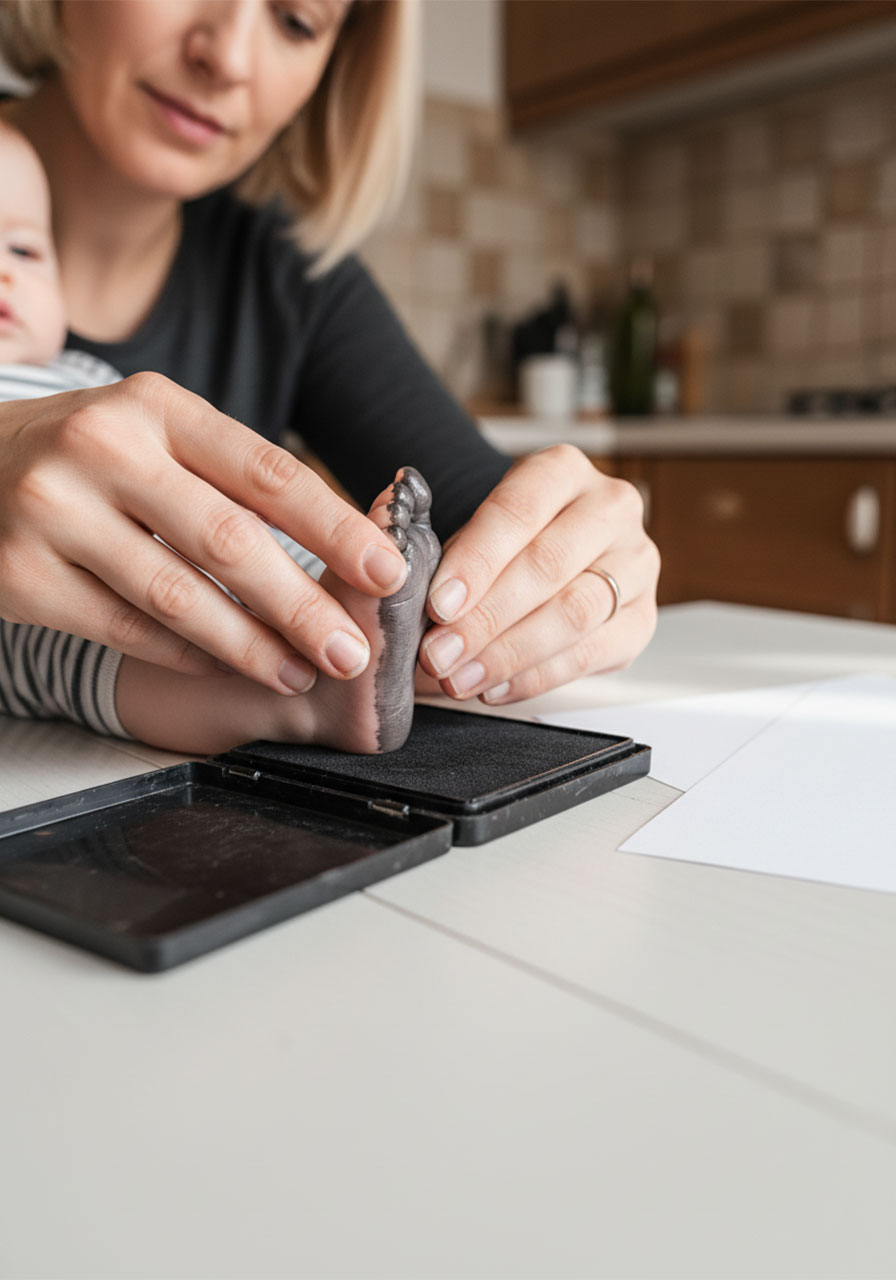 Mother pressing baby's foot onto black ink pad to make footprint for Father's Day keepsake craft