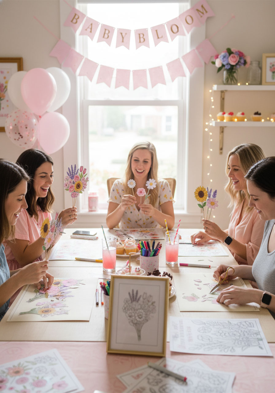 Baby shower DIY flower bouquet activity craft station setup