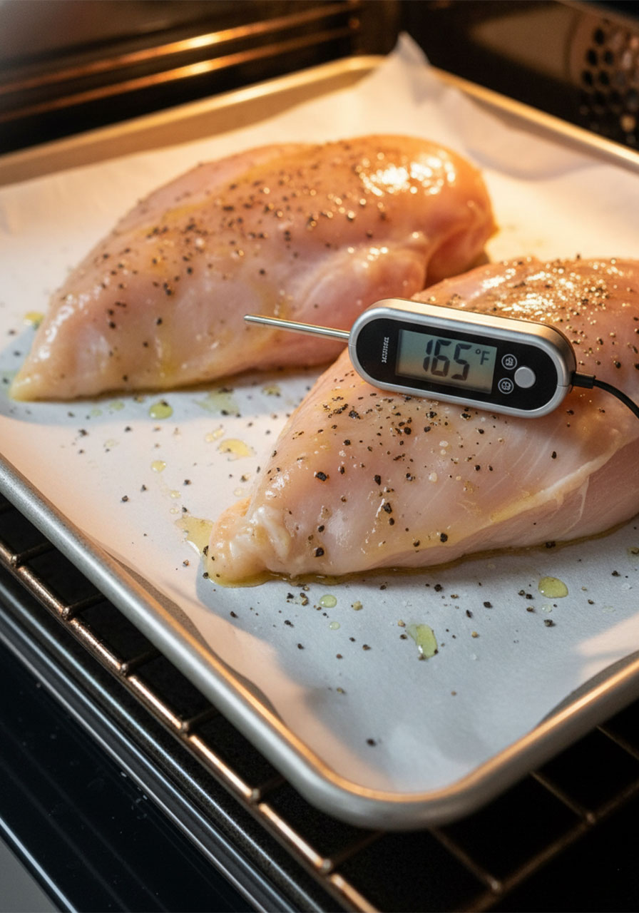 Chicken breasts baking on parchment-lined sheet pan with meat thermometer reading 165°F — how to bake chicken for meal prep