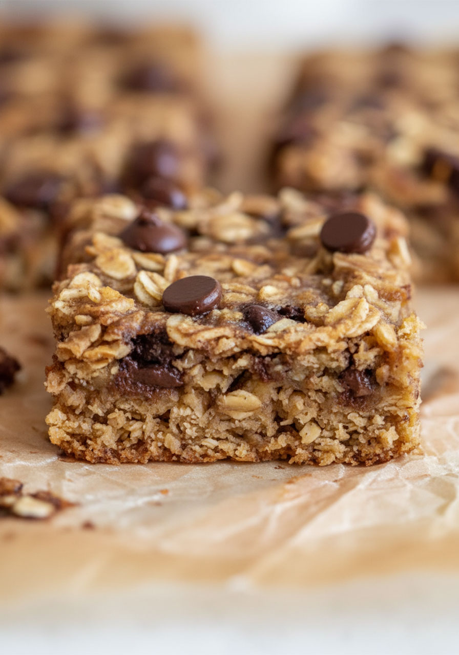 Close-up of a single banana oatmeal bar showing oat texture and melted chocolate chips