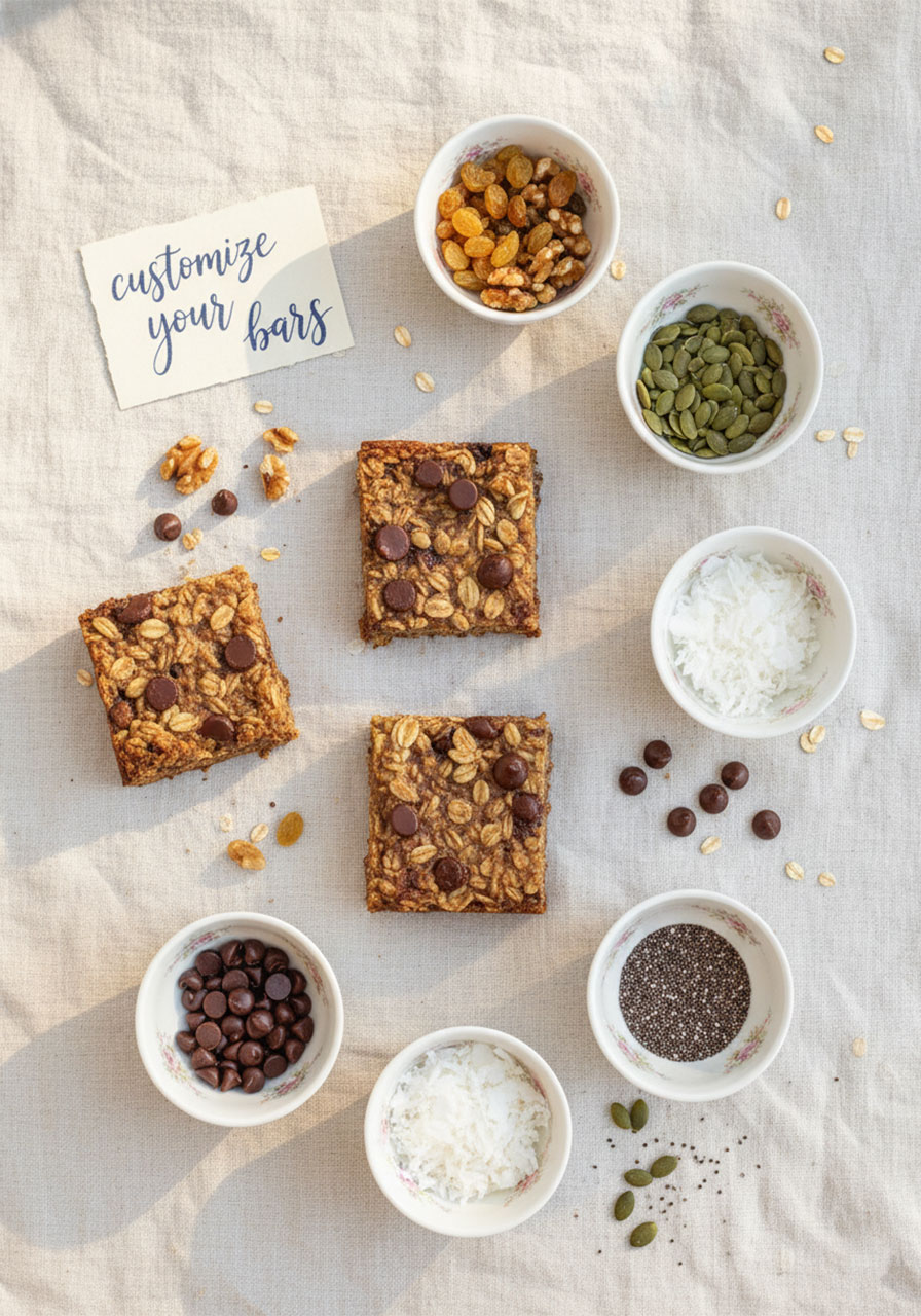 Banana oatmeal bar mix-in options including walnuts, raisins, pumpkin seeds, and coconut