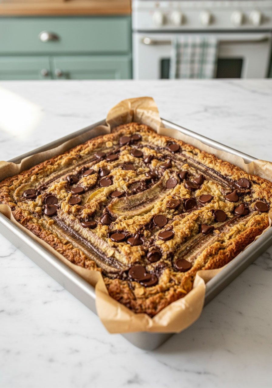 Freshly baked banana oatmeal bars with golden brown edges just out of the oven