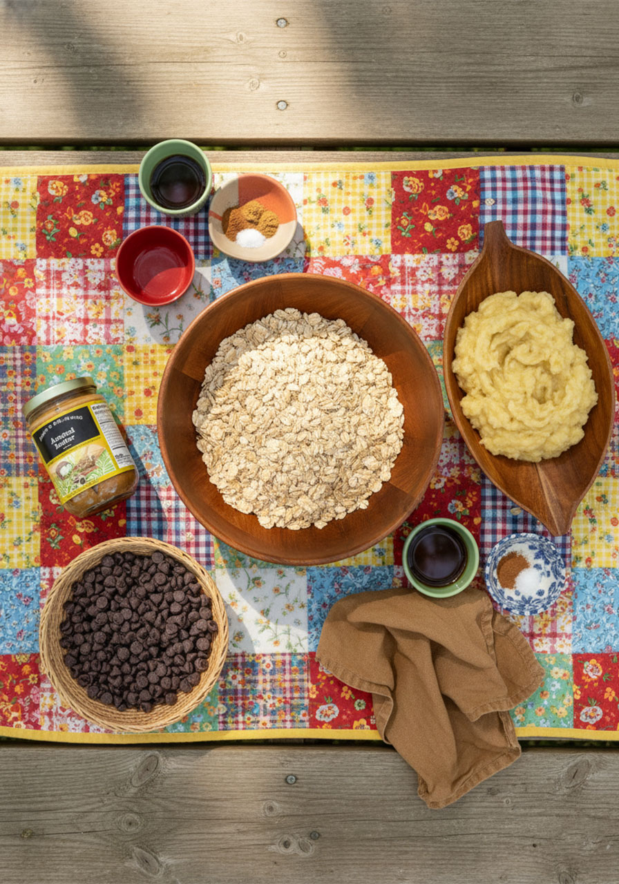 All ingredients for healthy banana oatmeal bars including oats, ripe banana, almond butter, and chocolate chips