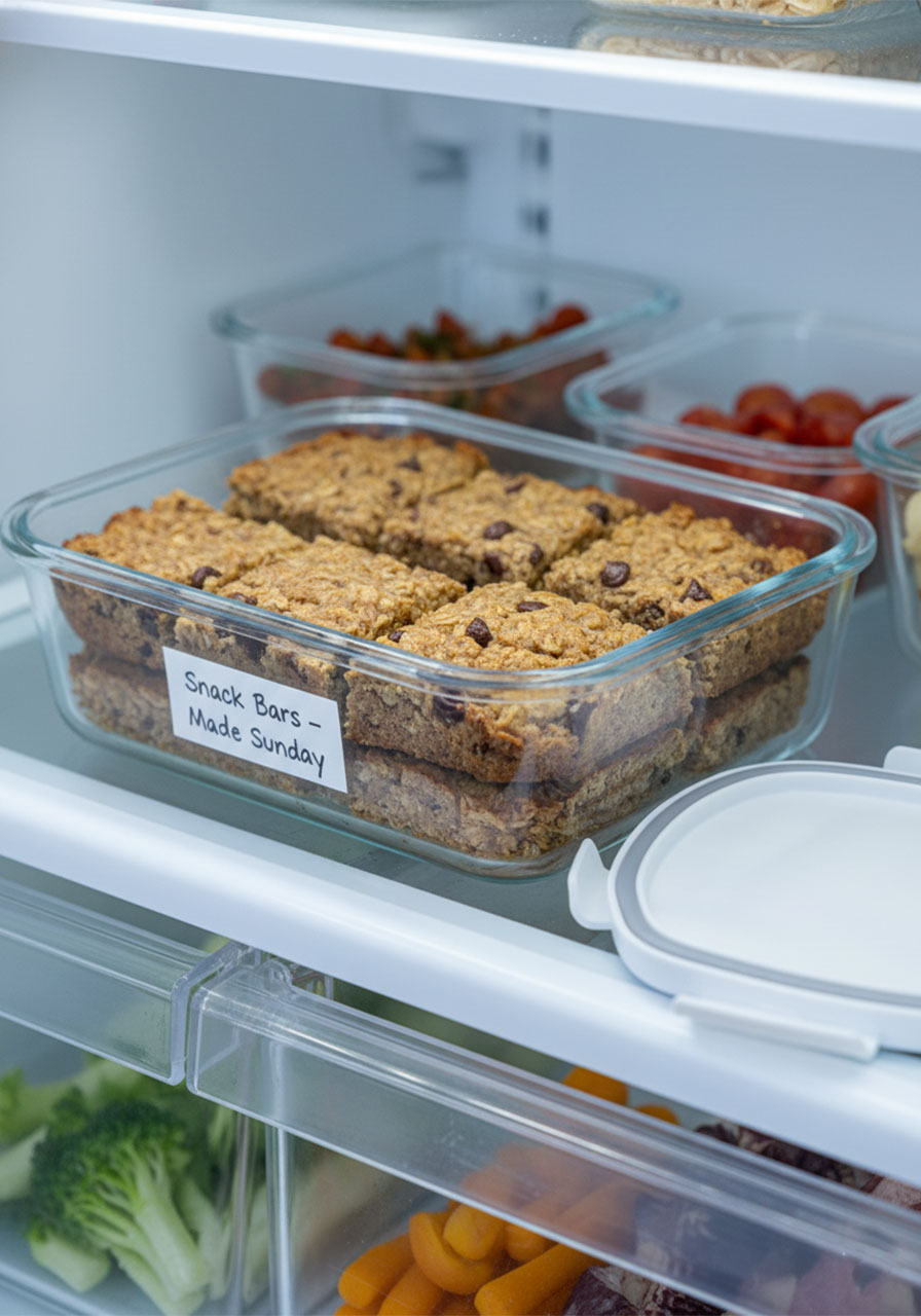 Banana oatmeal bars stored in a glass meal prep container in the refrigerator