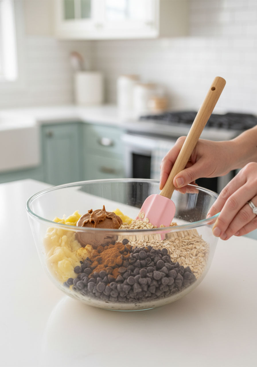Mixing banana oatmeal bar ingredients in a glass bowl with a pink spatula