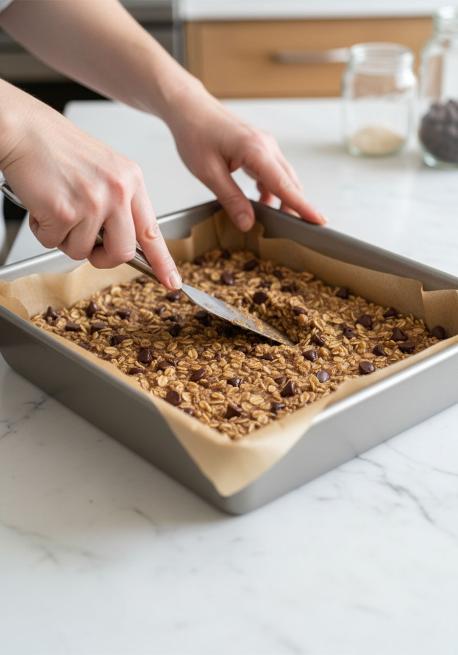 Pressing banana oatmeal bar mixture into a parchment-lined 9x9 baking pan