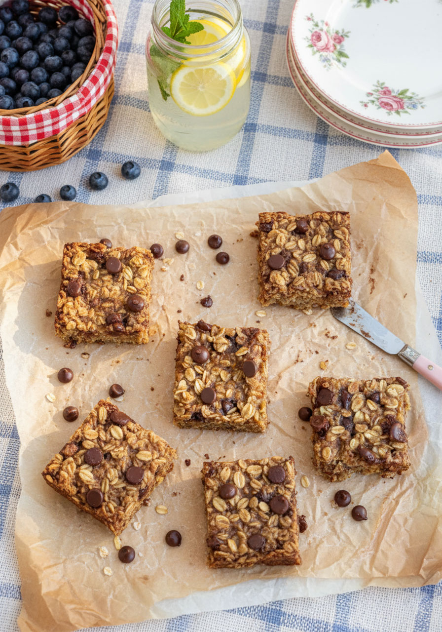 Healthy banana oatmeal bars with chocolate chips arranged on parchment paper