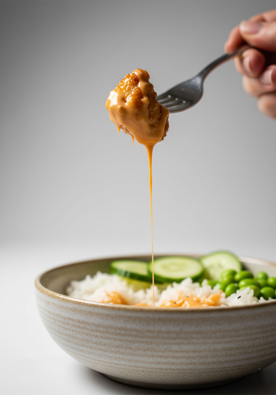 Fork lifting a glazed bang bang chicken bite — 35–40g protein per serving high protein meal prep bowl