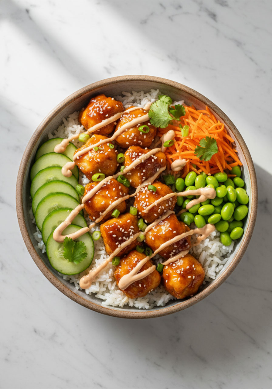 Bang bang chicken bowl with spicy sauce drizzle over rice and fresh vegetables — high protein meal prep recipe