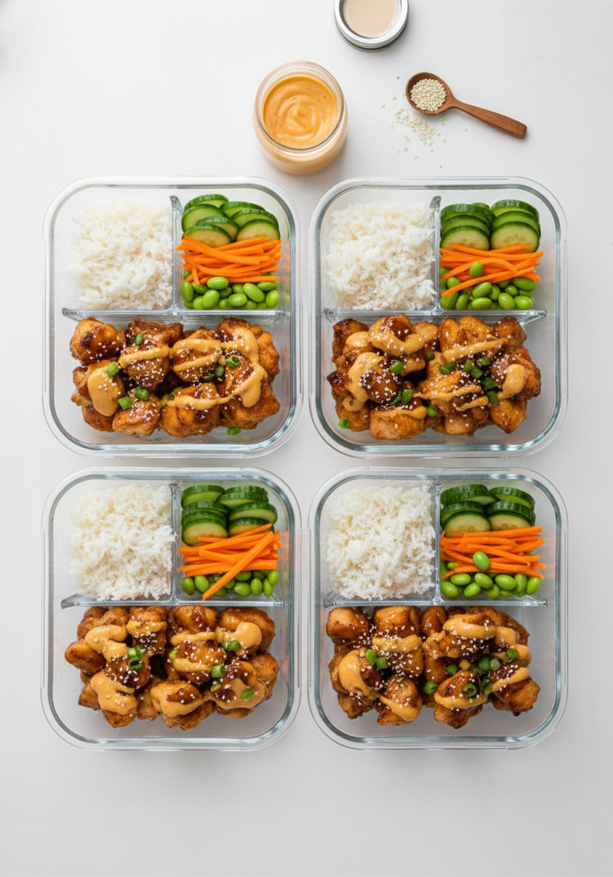 Four meal prep containers with bang bang chicken bowl ingredients portioned for the week — high protein meal prep