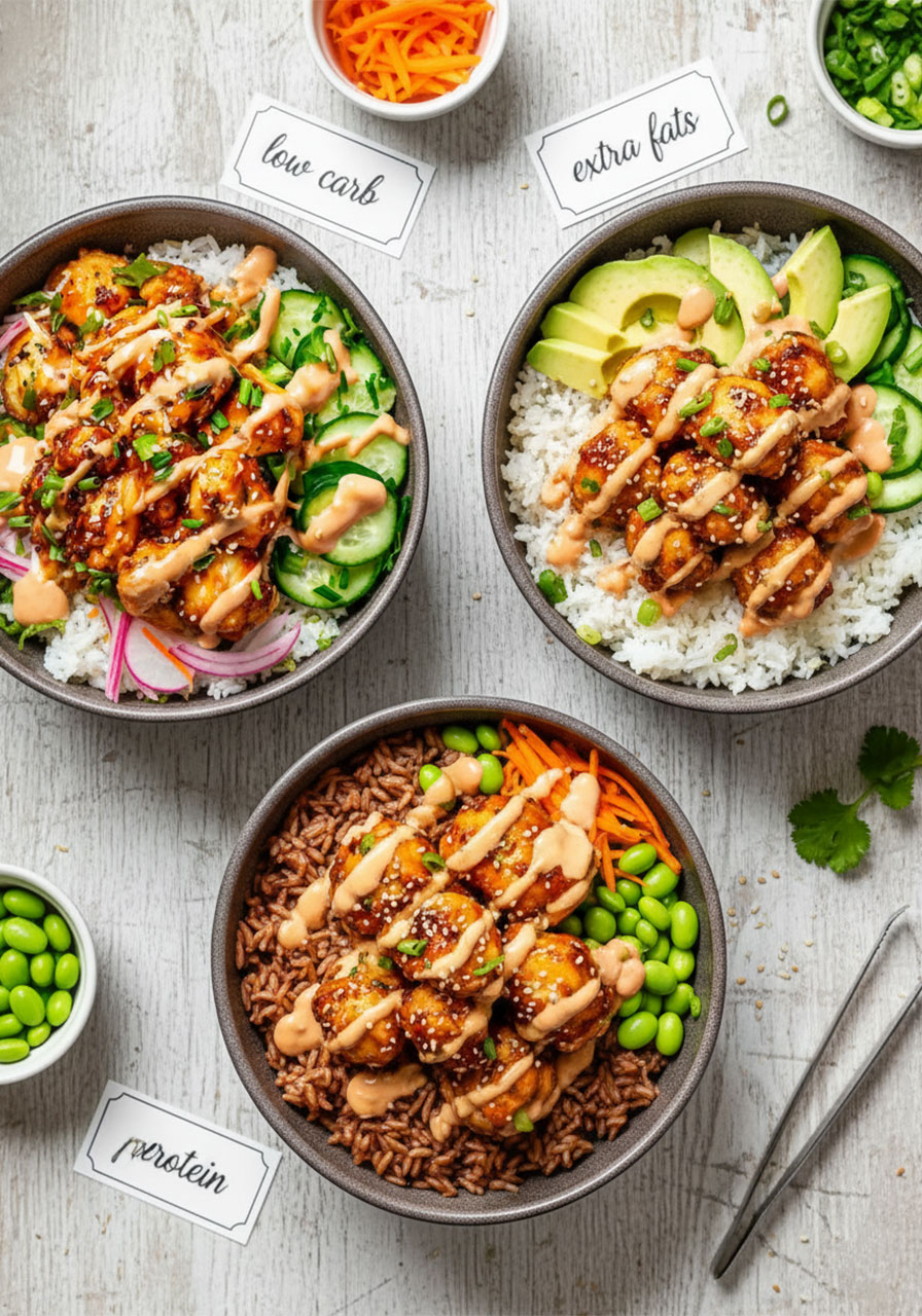 Three bang bang chicken bowl variations — cauliflower rice low carb, avocado, and extra protein options