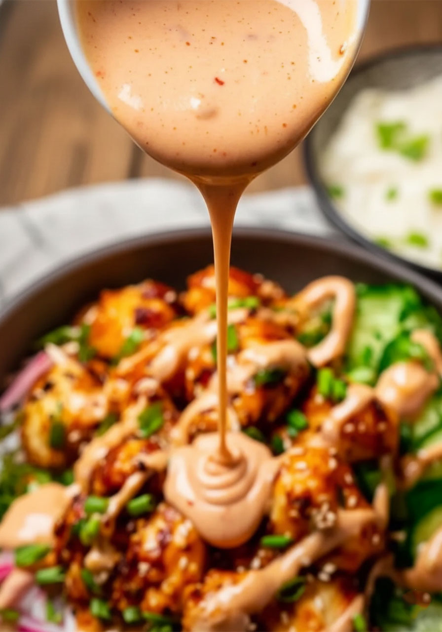 Creamy spicy bang bang sauce being drizzled over chicken — homemade bang bang sauce recipe