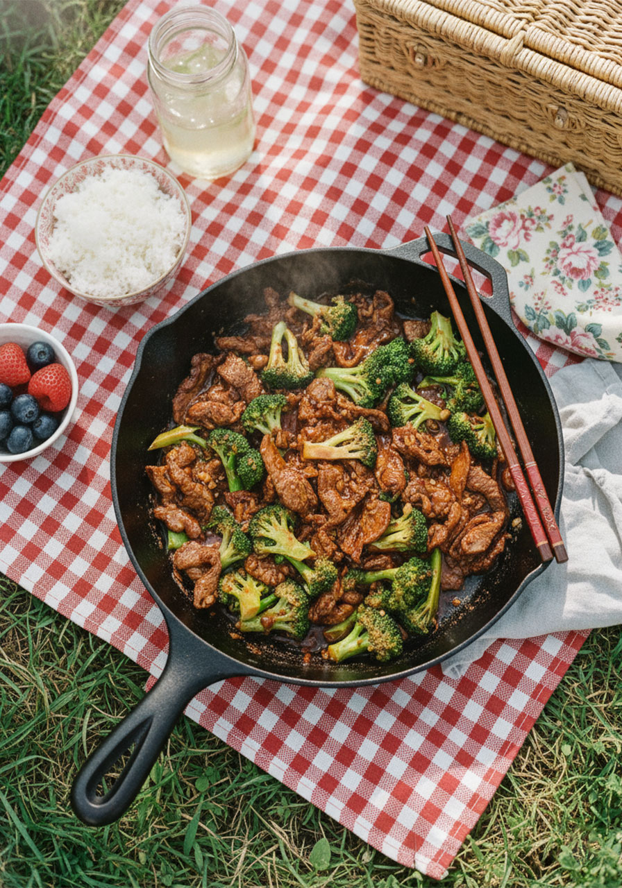 Overhead view of healthy beef and broccoli stir-fry in a black cast-iron skillet with glossy brown sauce and vibrant green broccoli florets