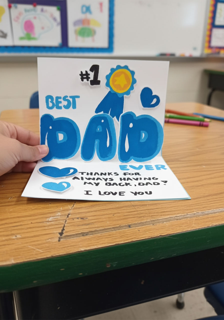Finished Best Dad Ever 3D pop-up Father's Day card open showing blue bubble letter DAD centerpiece with BEST and EVER written above and below