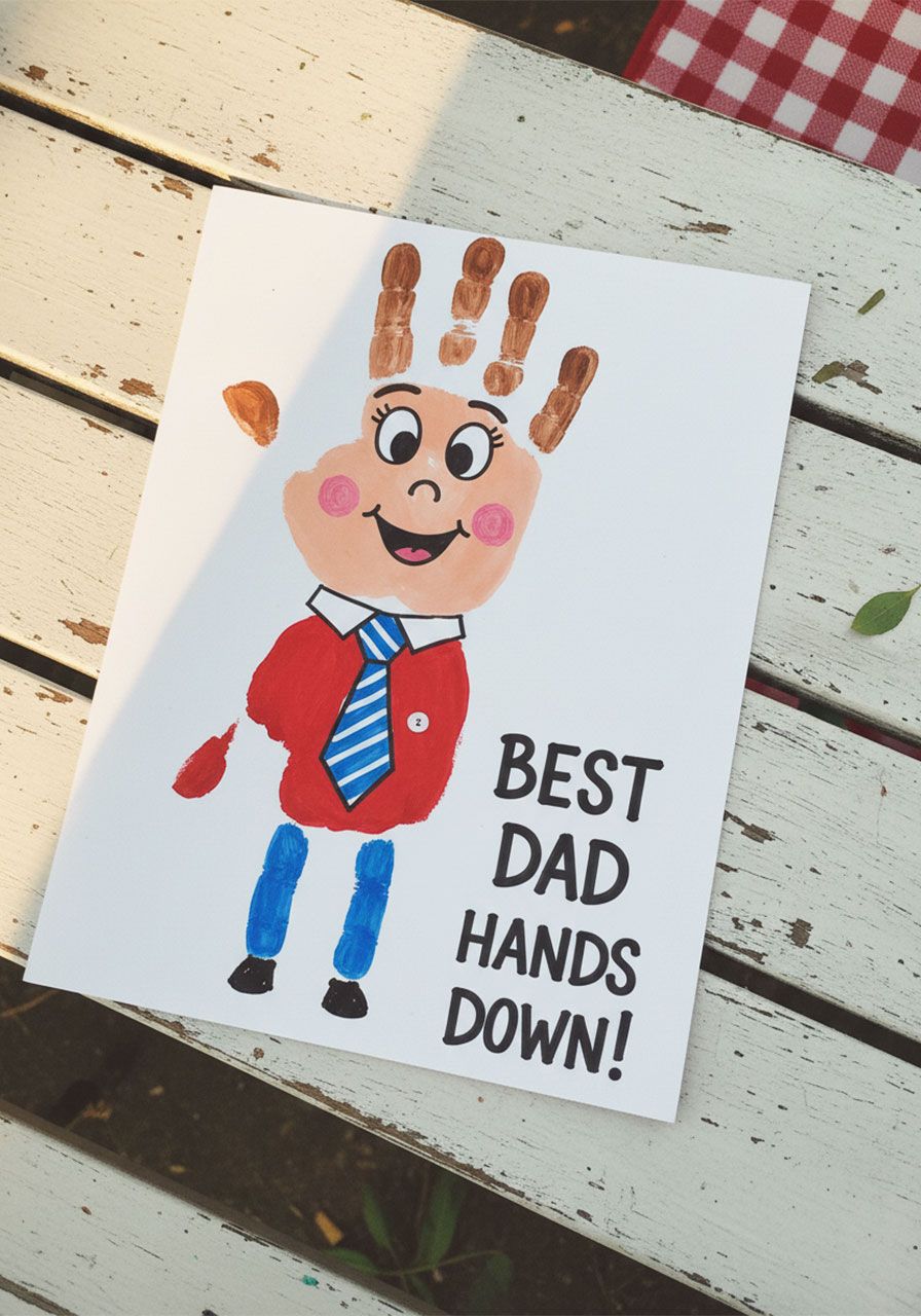 Completed Father's Day handprint portrait craft of a smiling dad figure made from two child handprints with "Best Dad Hands Down" written in marker on white cardstock	