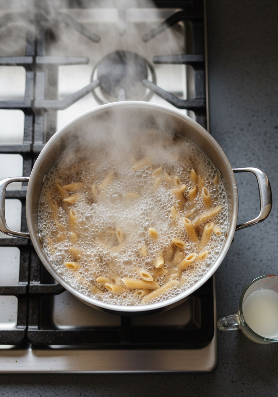 Whole wheat penne pasta boiling in salted water in a stainless pot with reserved pasta water in a glass cup beside it