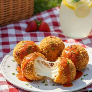 Buffalo chicken bacon mozzarella bombs broken open showing melted cheese pull with buffalo sauce drizzle on white plate