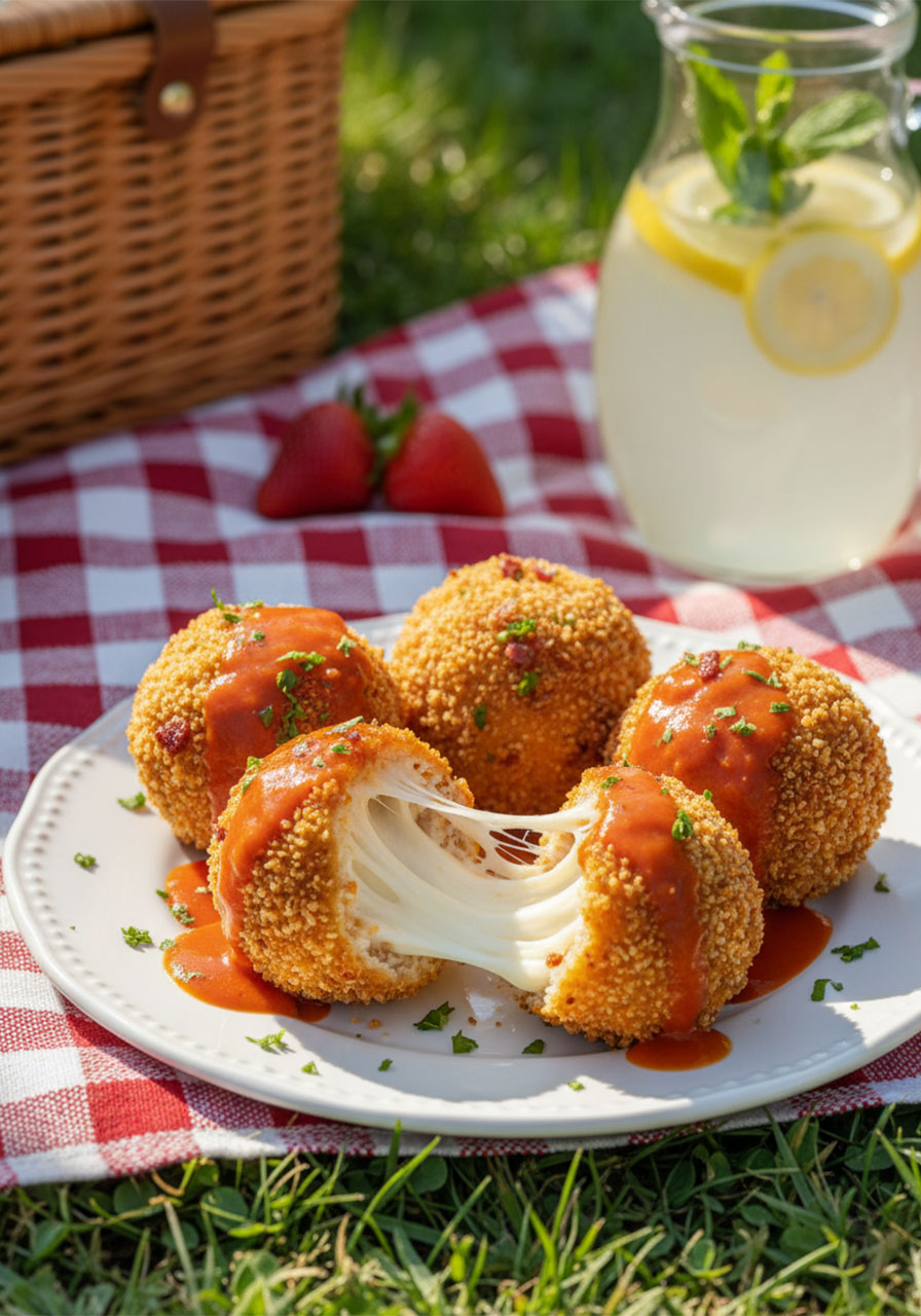 Buffalo chicken bacon mozzarella bombs broken open showing melted cheese pull with buffalo sauce drizzle on white plate