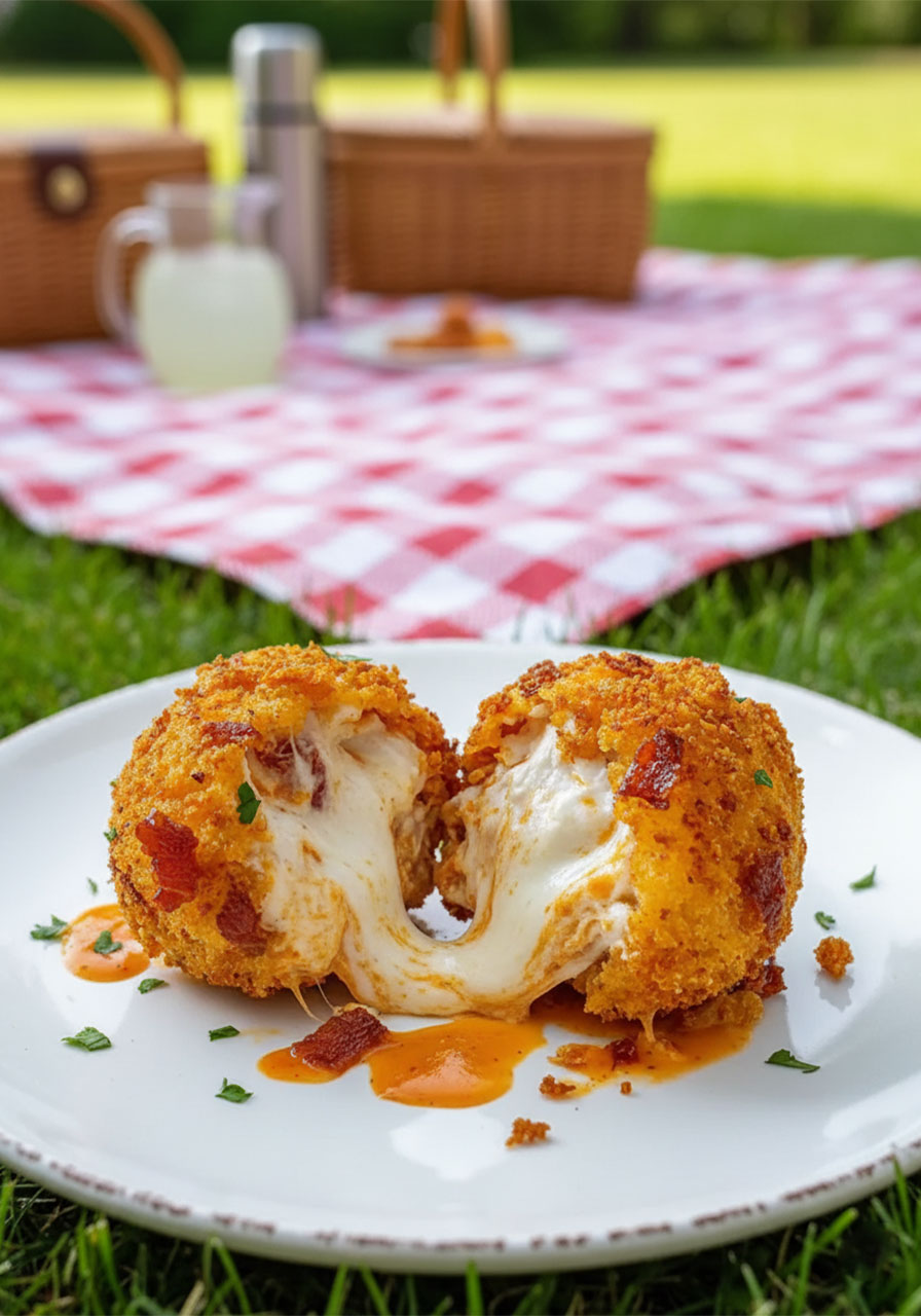Cross section of buffalo chicken bacon mozzarella bomb cut in half showing crispy crust, seasoned chicken, bacon, and melted mozzarella layers