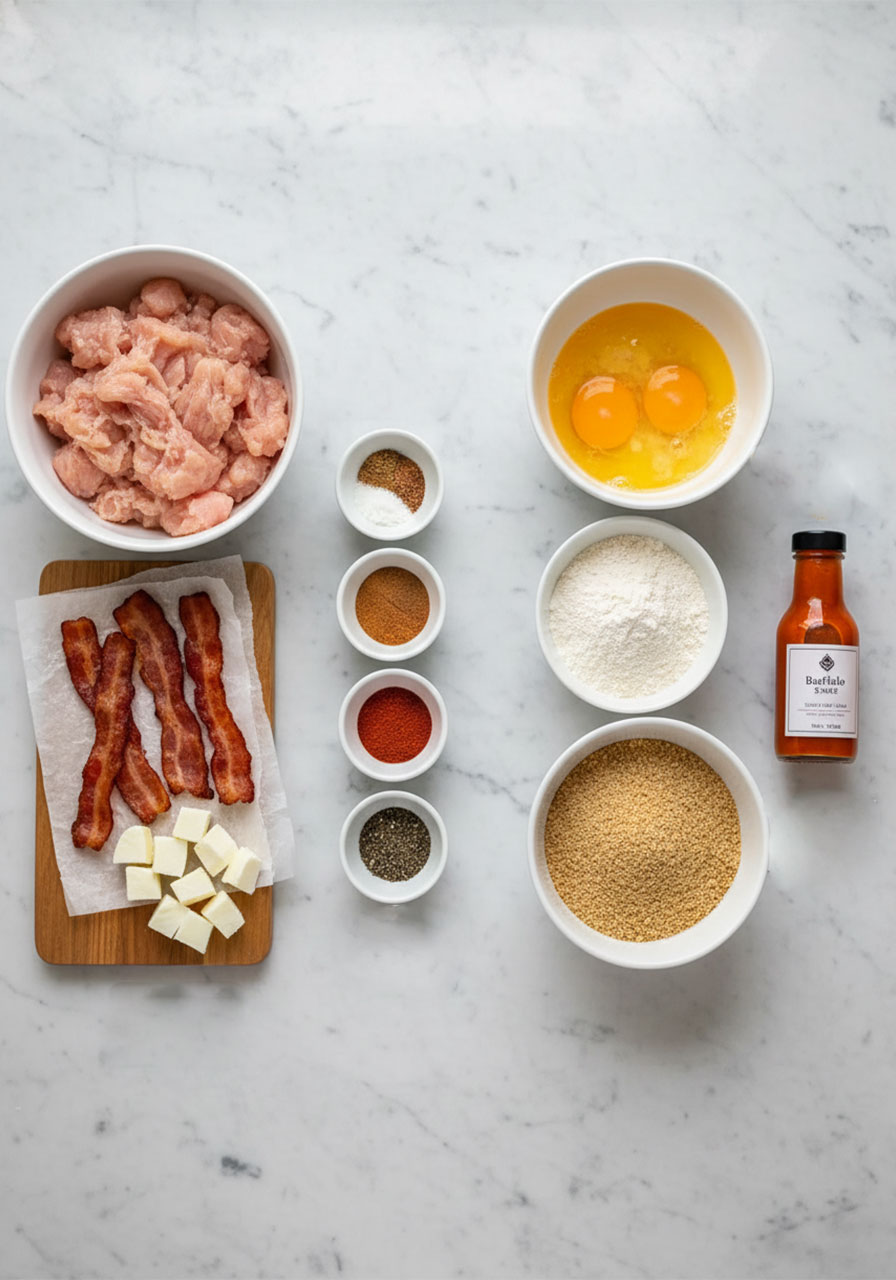 Overhead flat lay of all ingredients needed to make buffalo chicken bacon mozzarella bombs including ground chicken, mozzarella, bacon, and spices