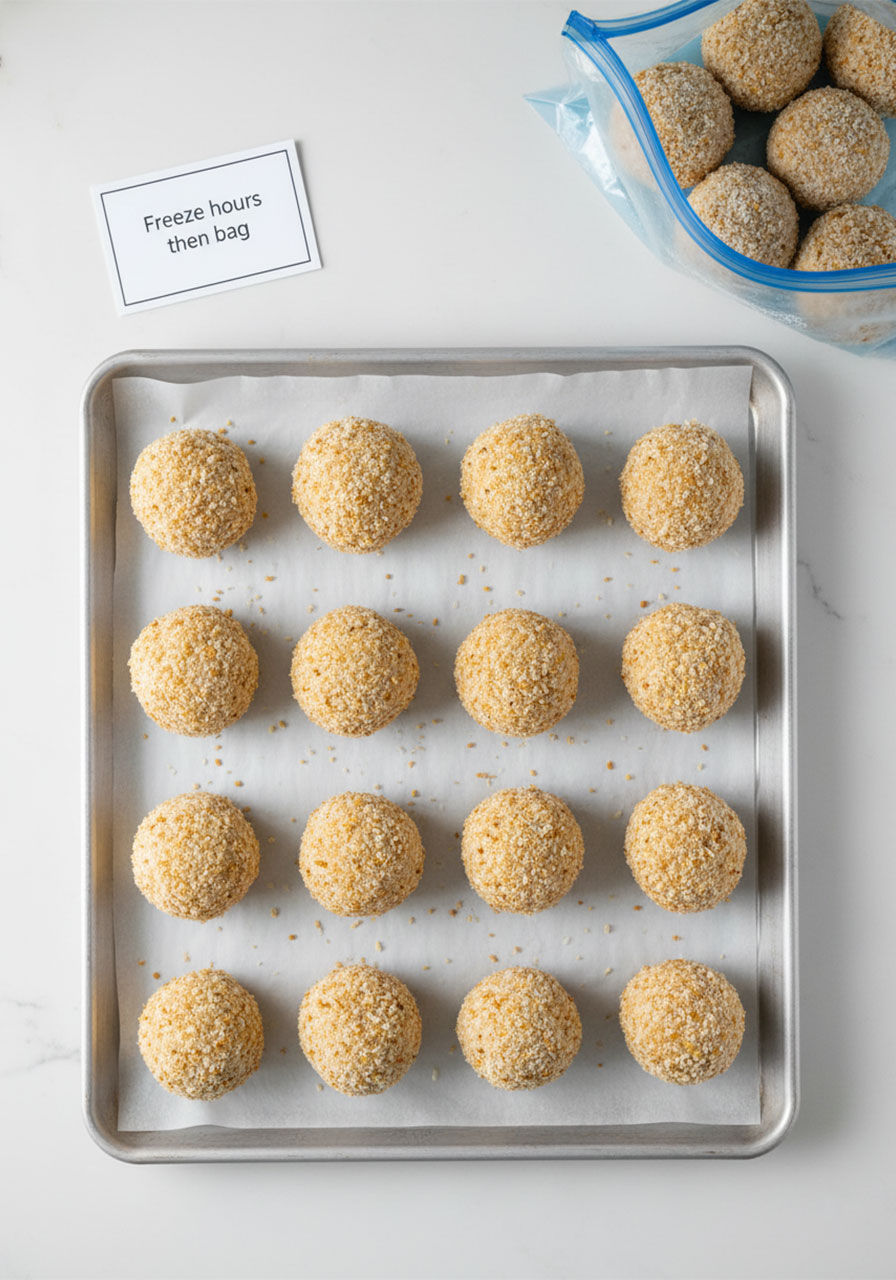 Raw breaded buffalo chicken bacon mozzarella bombs arranged on baking sheet lined with parchment paper ready to freeze for make-ahead game day prep