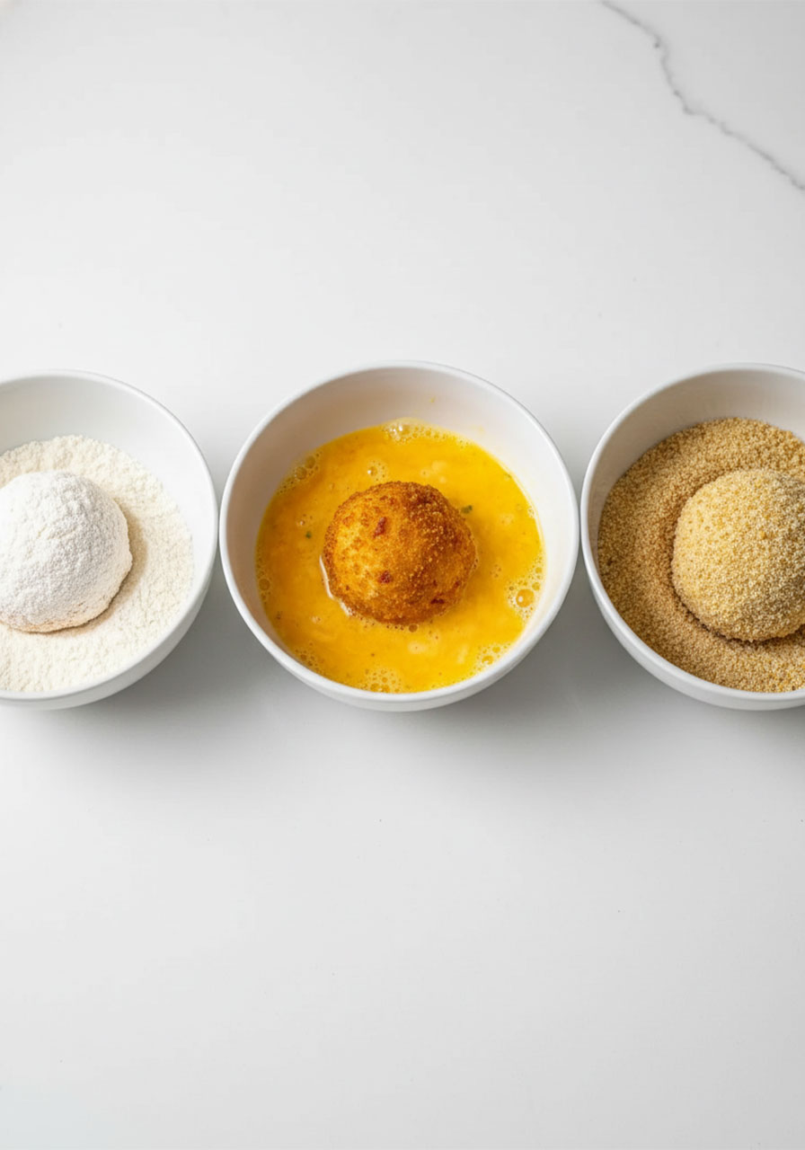 Three-bowl breading station with flour, egg wash, and panko breadcrumbs for coating buffalo chicken bacon mozzarella bombs