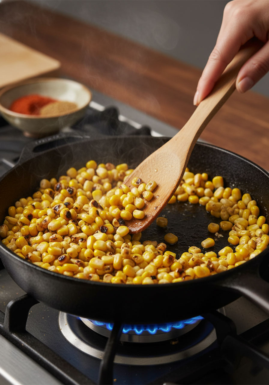 Charring corn kernels in a cast iron skillet for street corn chicken rice bowl recipe, action cooking step
