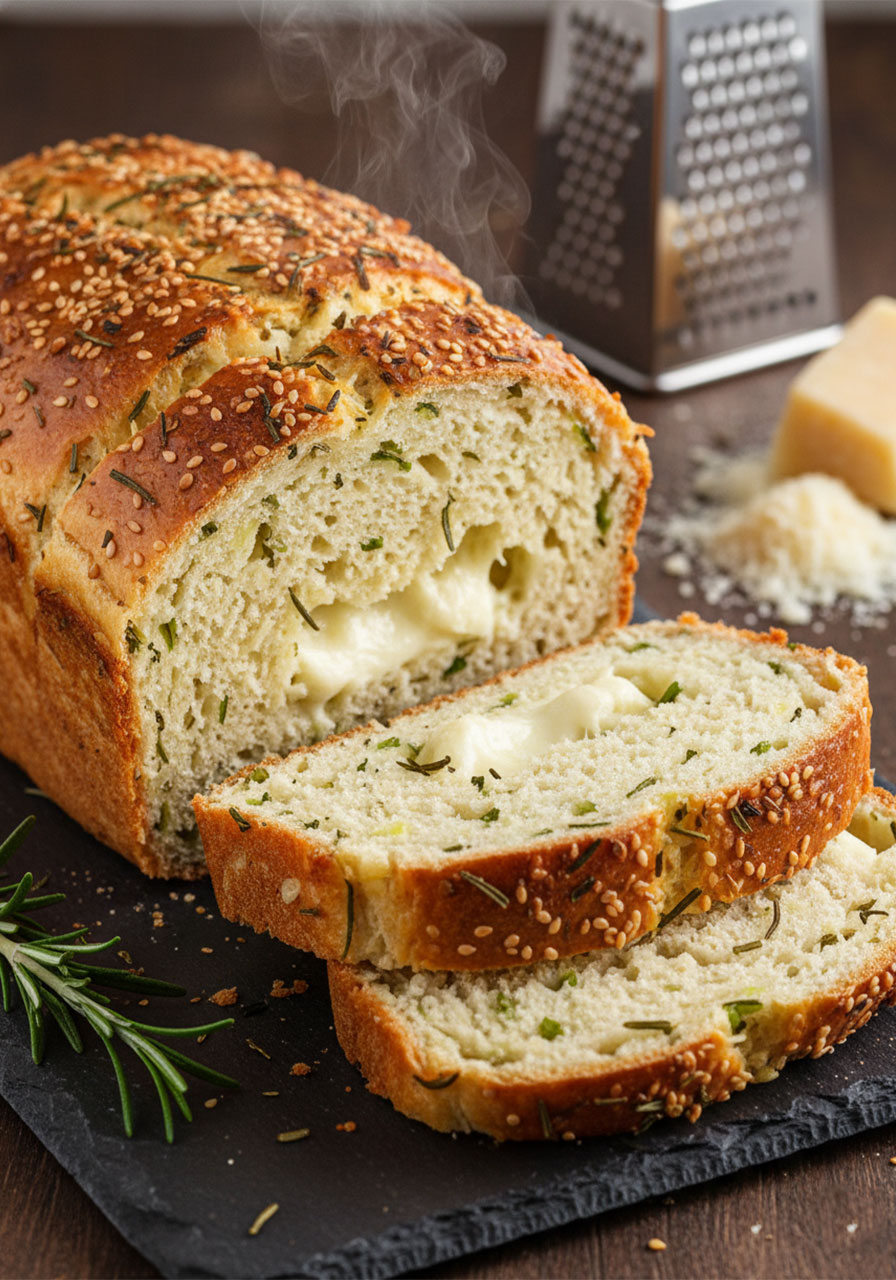 Cheesy herb variation of zero carb yogurt bread showing mozzarella and rosemary flecks in the fluffy keto bread interior