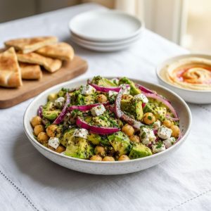 Styled party food table with chickpea feta avocado salad in a stoneware bowl served alongside pita bread and hummus for entertaining