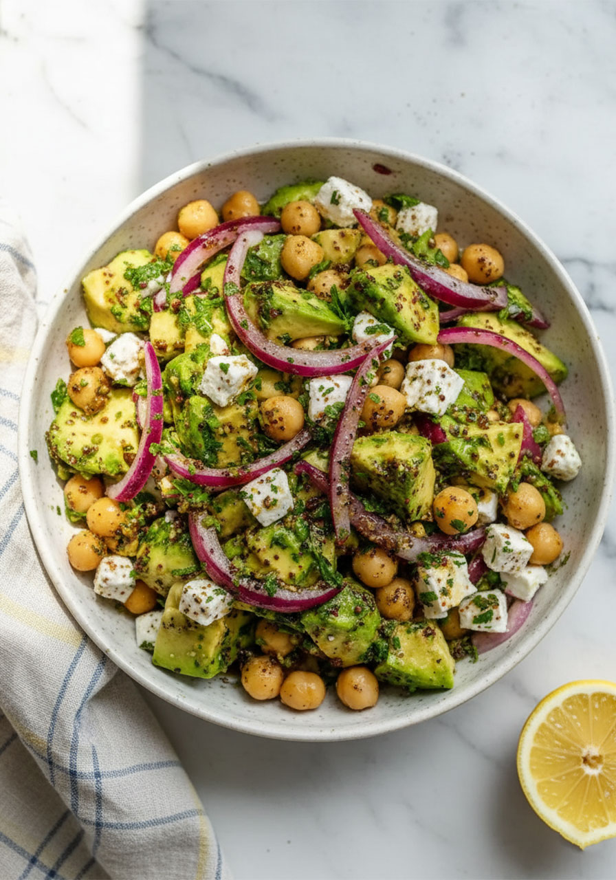 Overhead view of chickpea feta avocado salad in a wide ceramic bowl with fresh herbs and crumbled feta — healthy party food idea