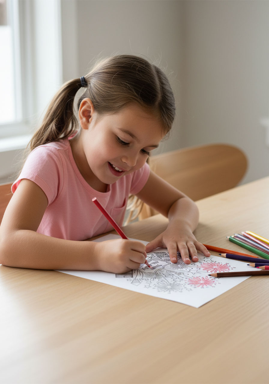 Young girl coloring a printable 4th of July firework bouquet card with red colored pencil at home dining table