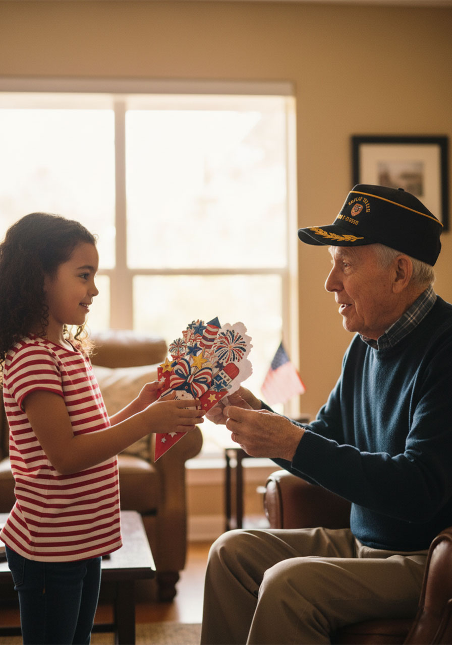 Young girl gifting a handmade 4th of July firework bouquet card to her veteran grandfather wearing a military cap
