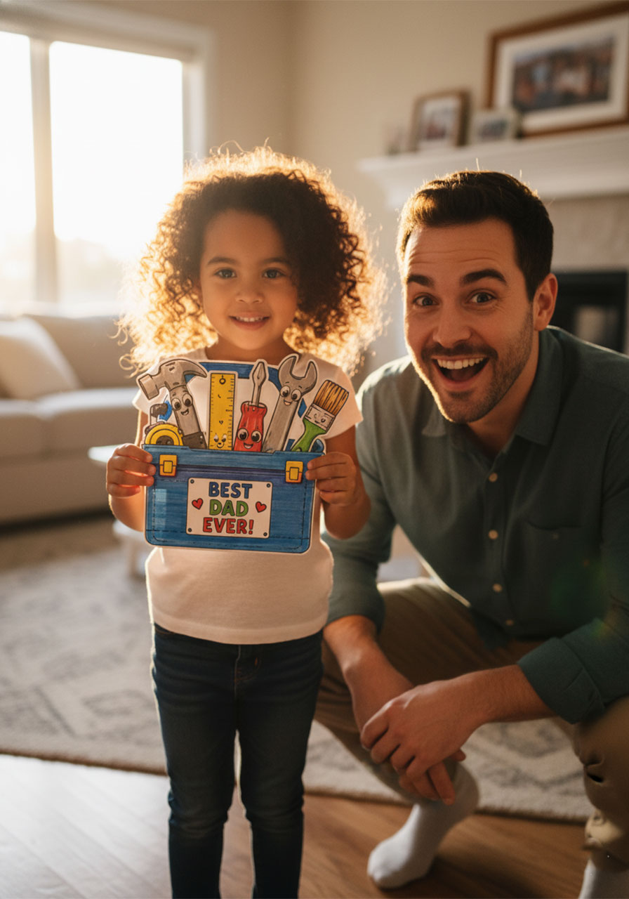 Young girl proudly gifting her completed printable Father's Day toolbox card to her dad on Father's Day morning