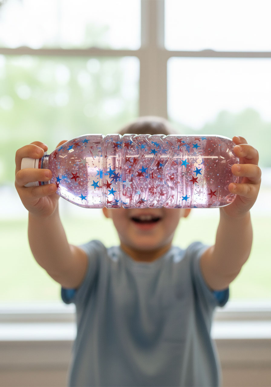 Child holding a finished DIY patriotic sparkle bottle up to light showing glowing red white and blue star confetti inside