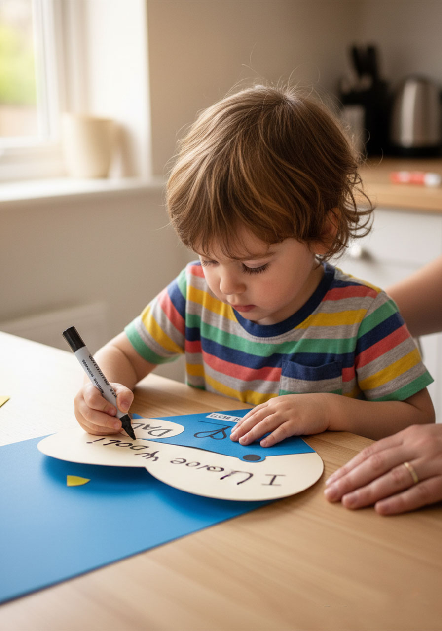 Young child writing I love you Dad message inside handmade Father's Day handy dad heart card