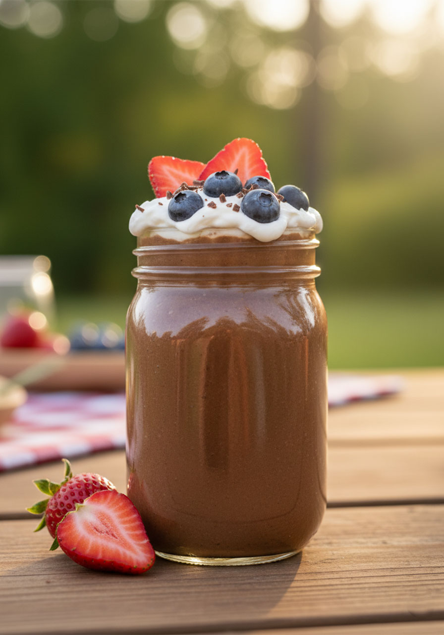 Close-up of a single jar of chocolate protein pudding topped with fresh strawberries, blueberries, and whipped cream showing thick creamy texture