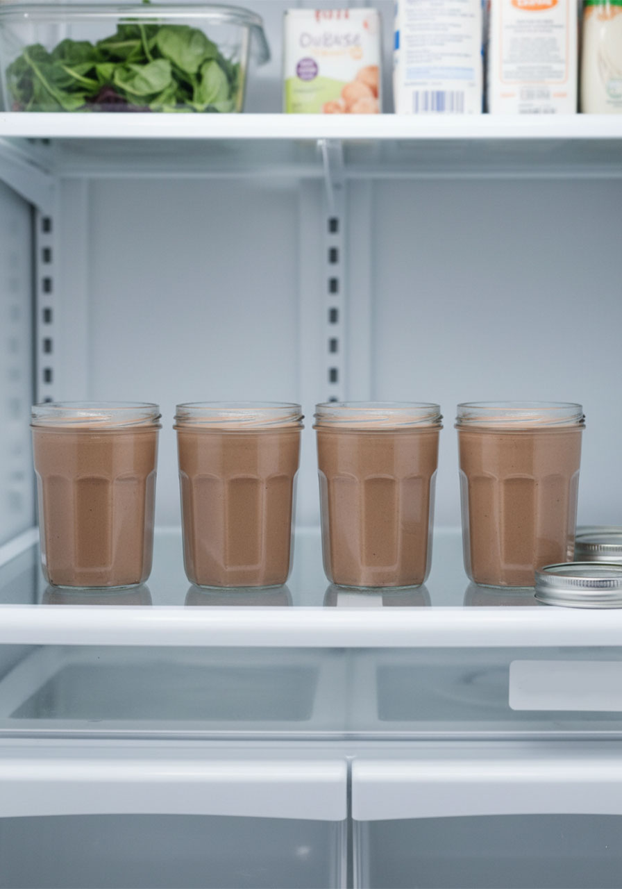 Four glass jars of high protein chocolate pudding stored without toppings in the refrigerator for weekly meal prep