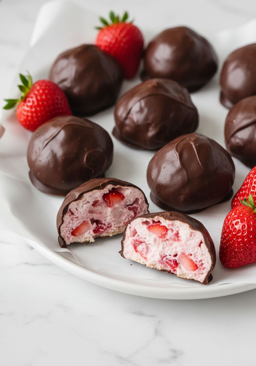 Chocolate strawberry yogurt clusters on a white plate, broken open to reveal creamy pink frozen yogurt and fresh strawberry interior