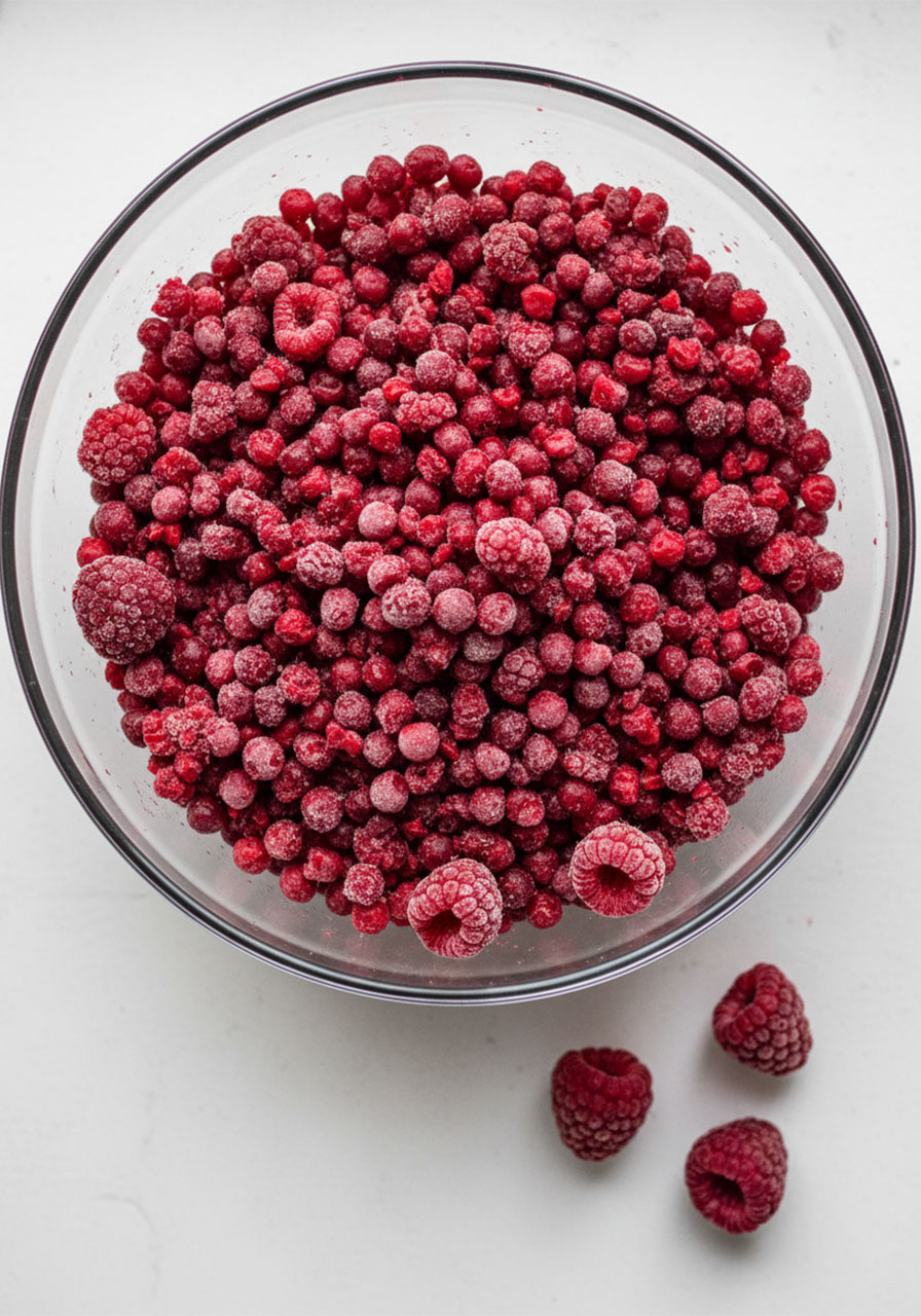 Rough chopped frozen raspberries in a glass bowl ready to fold into raspberry cookie dough