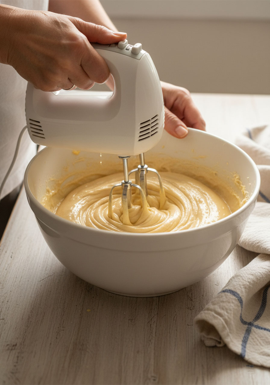 Beating churro dough with electric hand mixer after adding egg and vanilla to create smooth glossy mixture