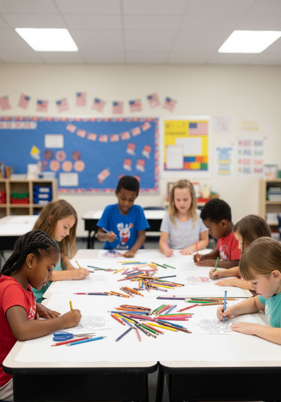 Elementary school kids coloring printable 4th of July firework bouquet cards together in a classroom craft activity
