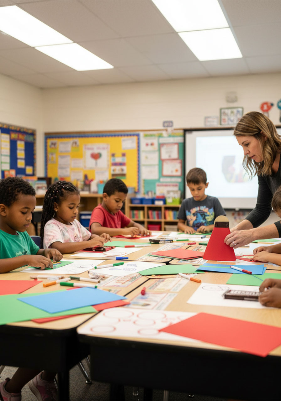 Elementary school children making superhero Father's Day gifts at a classroom craft station with cardstock capes and Hershey's bars