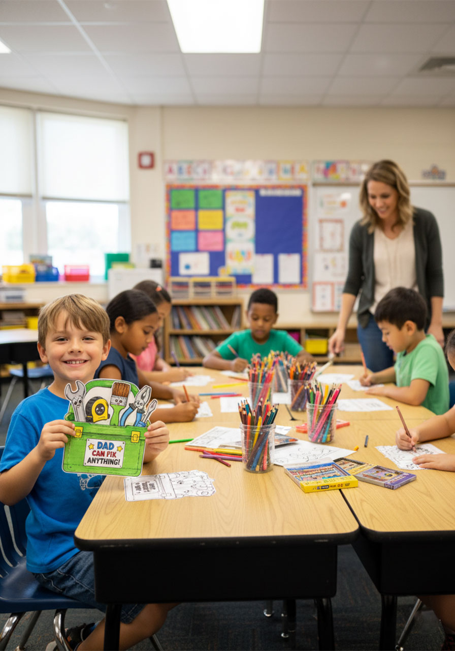 Elementary school children coloring printable Father's Day toolbox cards together during a classroom craft activity