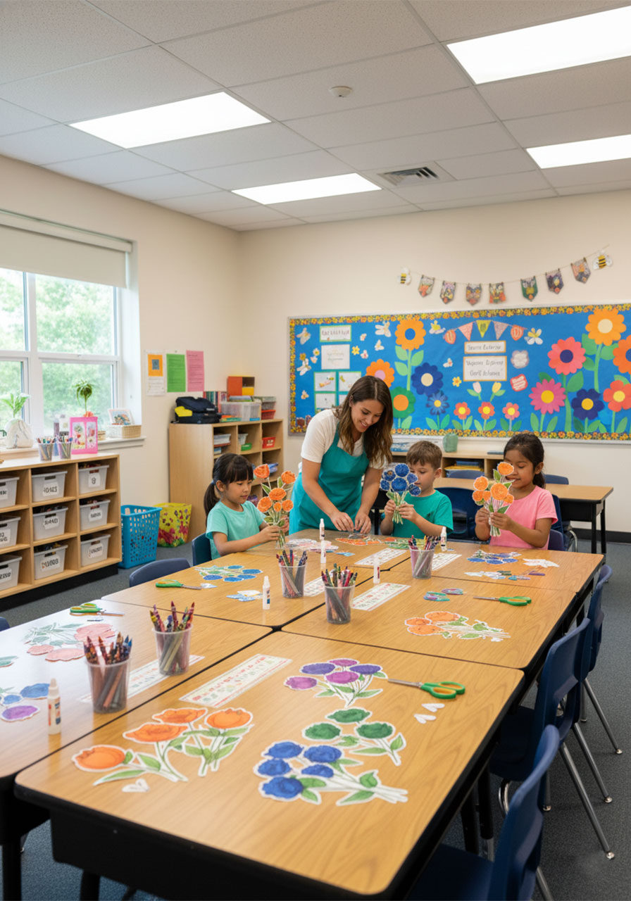 Classroom spring flower bouquet craft station activity for kids