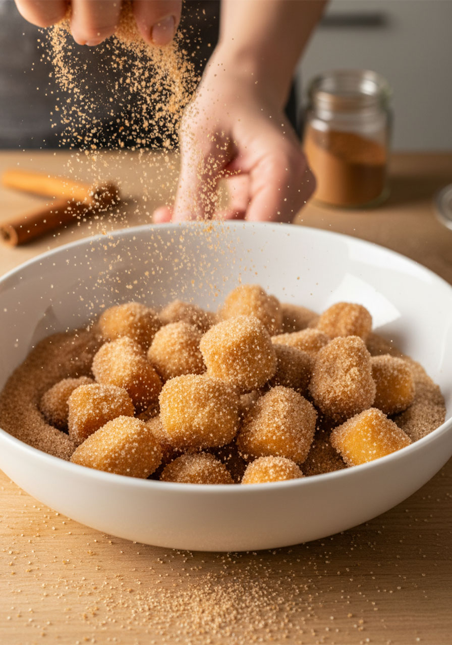 Tossing freshly cooked air fryer churro bites in cinnamon sugar mixture in shallow bowl for even coating