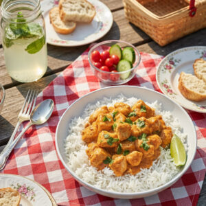 Coconut chicken rice bowl with creamy coconut sauce, fresh cilantro, and lime on white jasmine rice