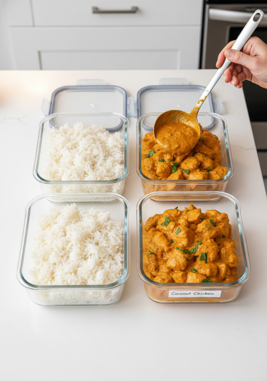 Four glass meal prep containers filled with coconut chicken and jasmine rice for healthy weekly meal prep