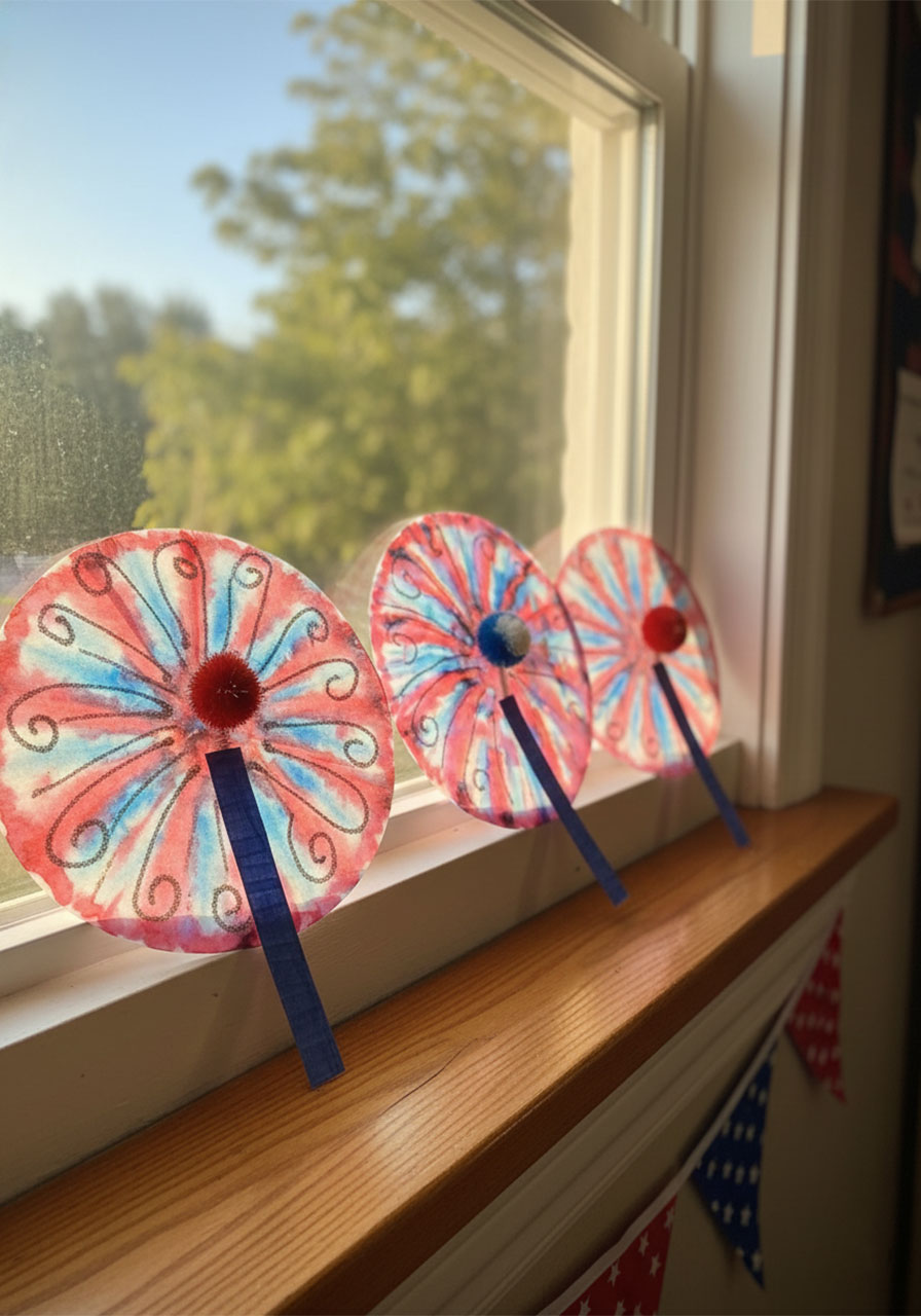 Three completed coffee filter watercolor fireworks crafts displayed on a sunny window ledge glowing in natural light — festive 4th of July home decoration idea for kids variation 1