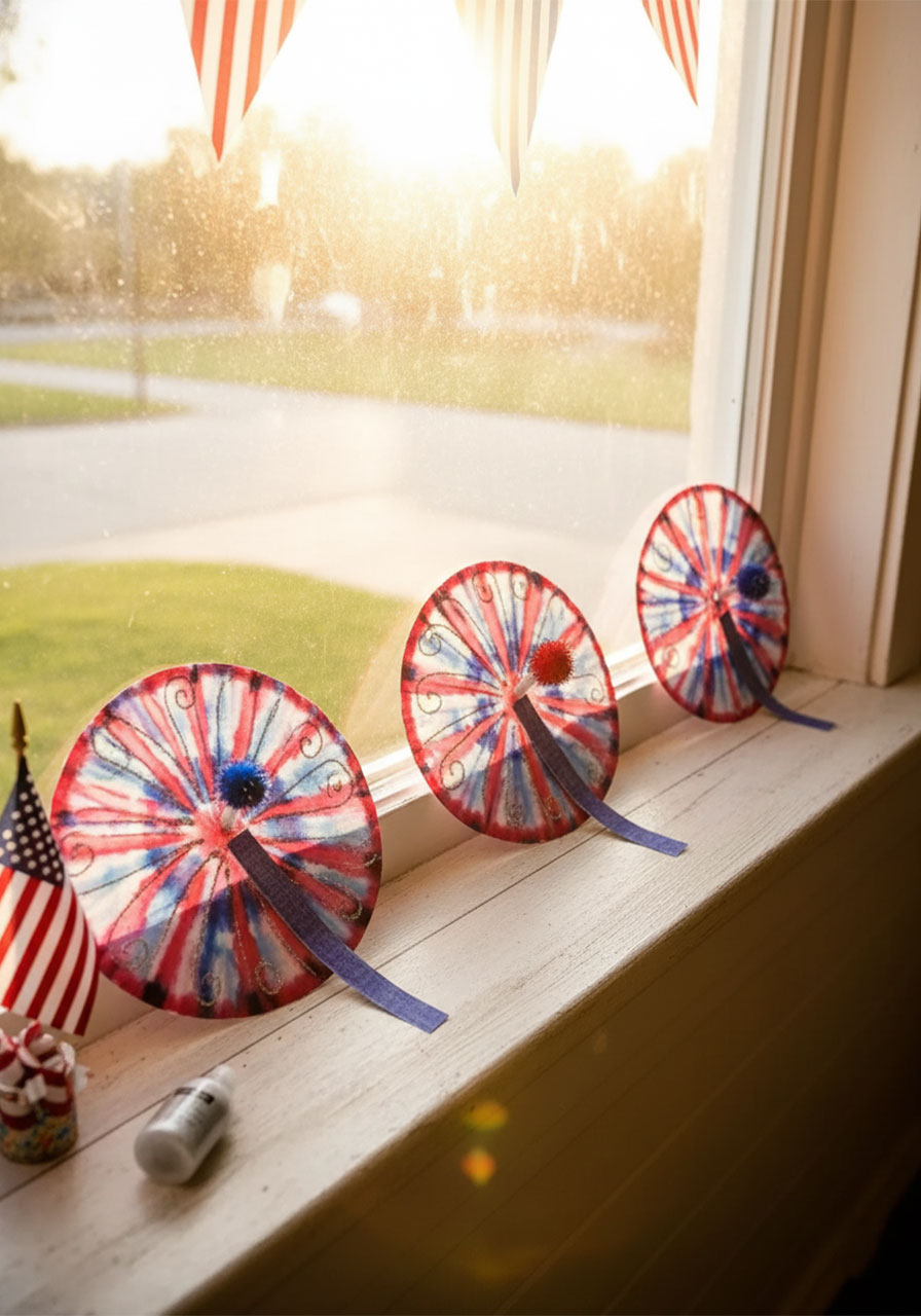 Three completed coffee filter watercolor fireworks crafts displayed on a sunny window ledge glowing in natural light — festive 4th of July home decoration idea for kids variation 2