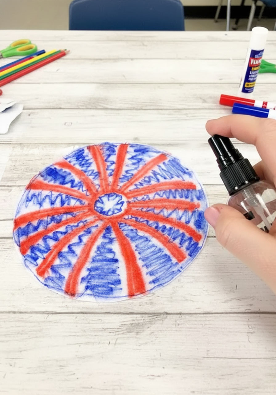 Spraying water onto a colored coffee filter to create a watercolor fireworks blending effect — Step 2 of the coffee filter watercolor fireworks craft for kids